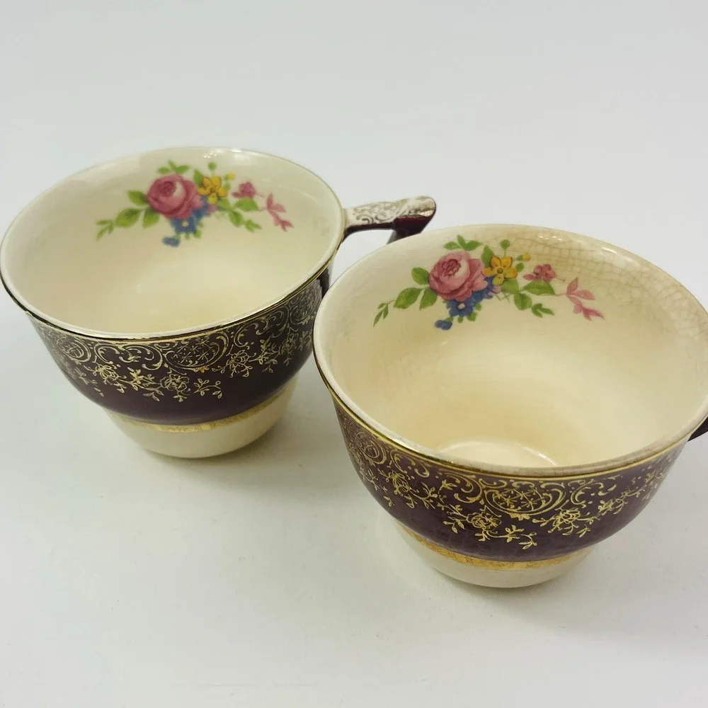 Century by Salem Aristocrat‎ 23 Karat Gold 2 Tea Cups Floral Crazing Browning